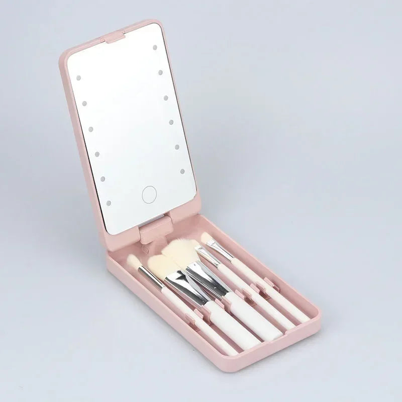 Lighted Makeup Mirror Rotatable Personal Beauty Mirror with 5 Makeup Brushes Travel Make up Accessories Multifunctional Light Up