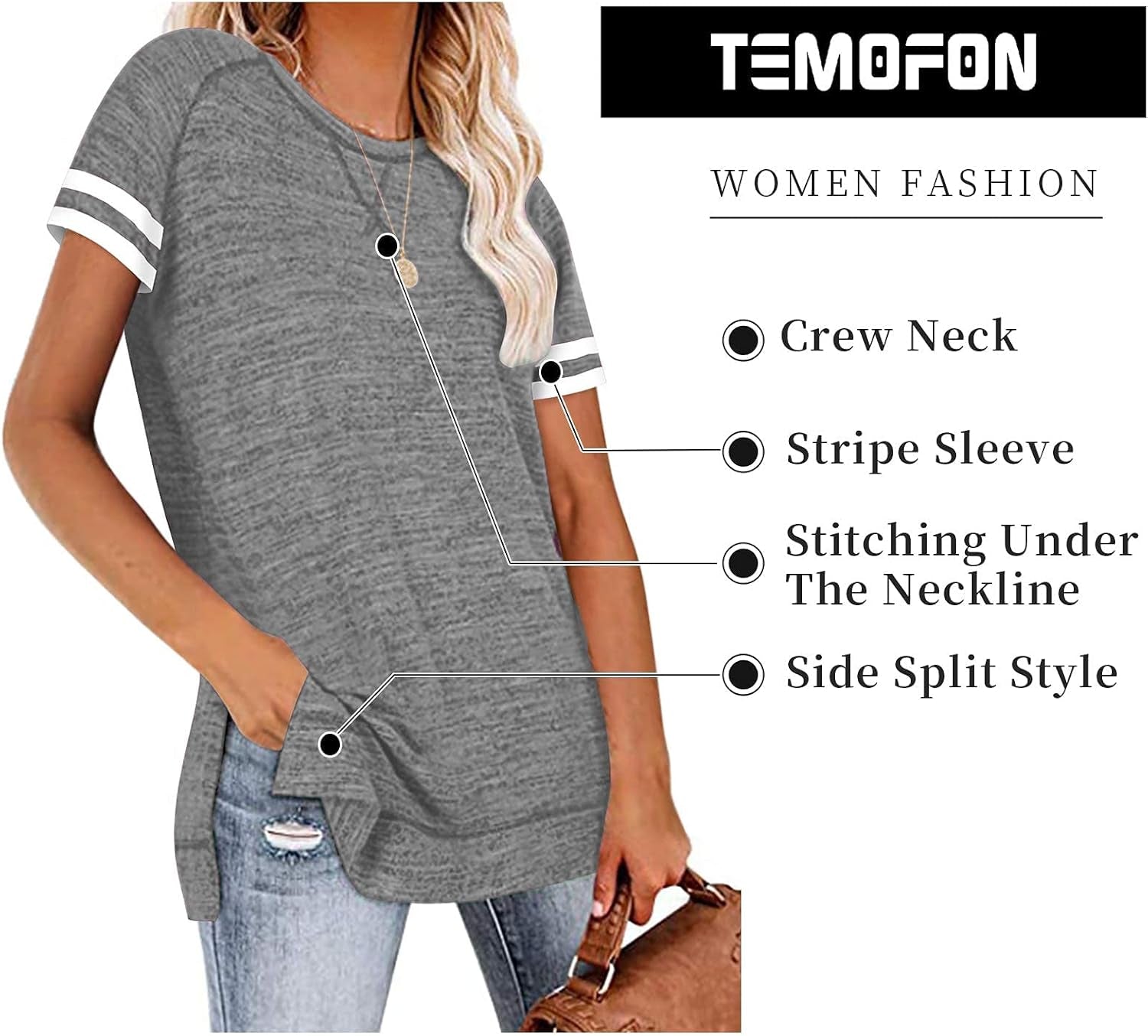 Women Tops Summer Short Sleeve Shirts Casual Loose Side Split Tunic Top S-2XL