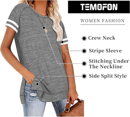 Women Tops Summer Short Sleeve Shirts Casual Loose Side Split Tunic Top S-2XL