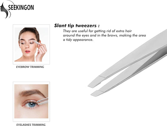 Precision Slant Tweezers for Women & Men - Sharp, Non-Slip Grip for Flawless Hair Removal and Ingrown Hair Plucking - Elegant Silver Design