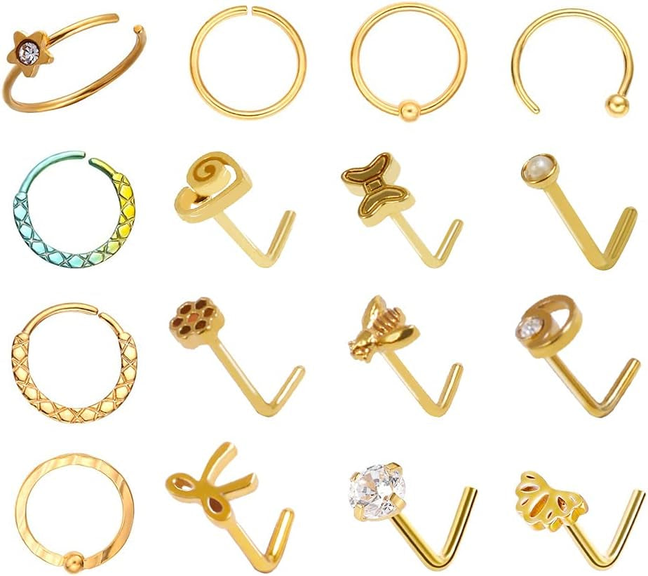 16 PCS Nose Rings and Studs for Women and Men - 316L Stainless Steel Piercings Jewelry Upgrade Screw