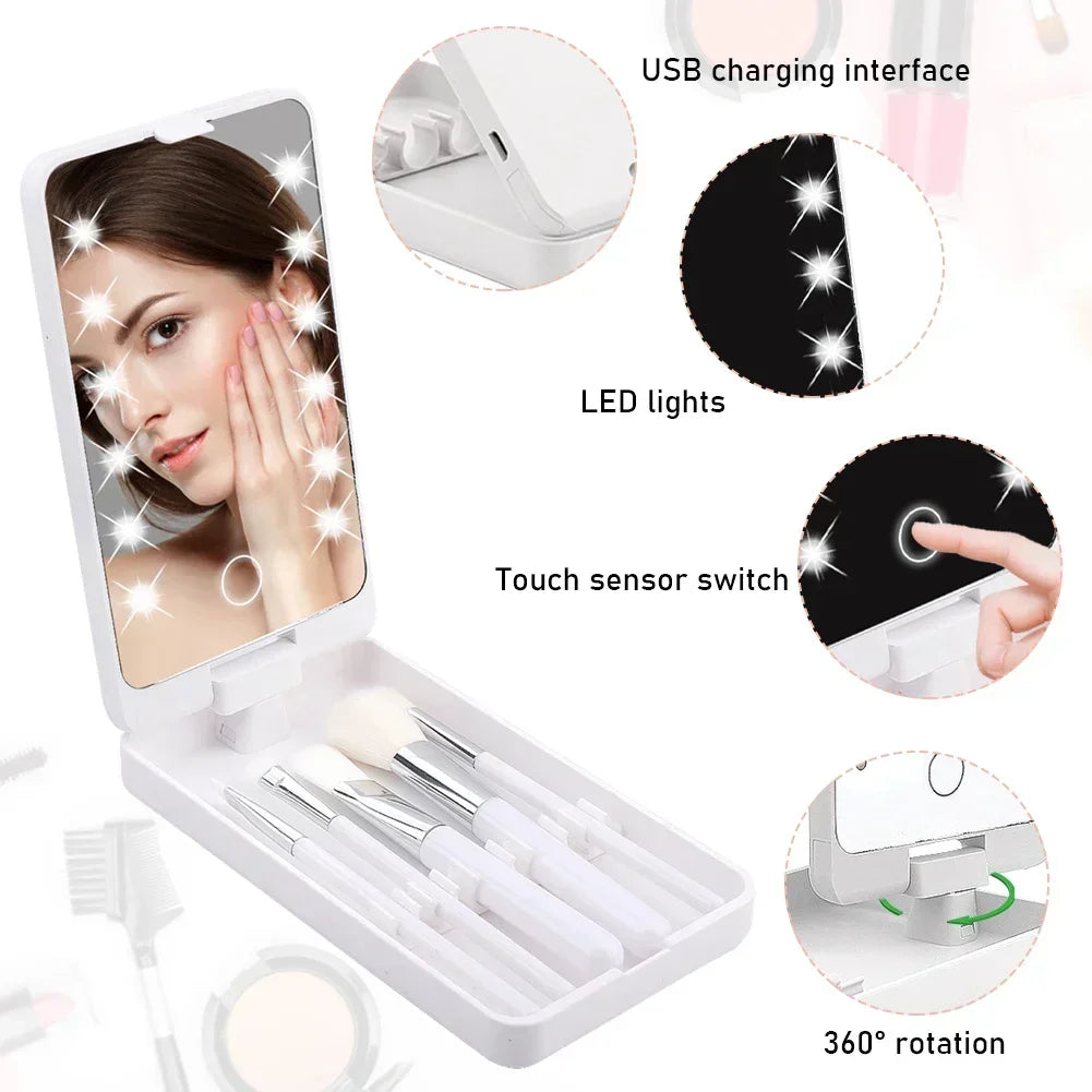 Lighted Makeup Mirror Rotatable Personal Beauty Mirror with 5 Makeup Brushes Travel Make up Accessories Multifunctional Light Up