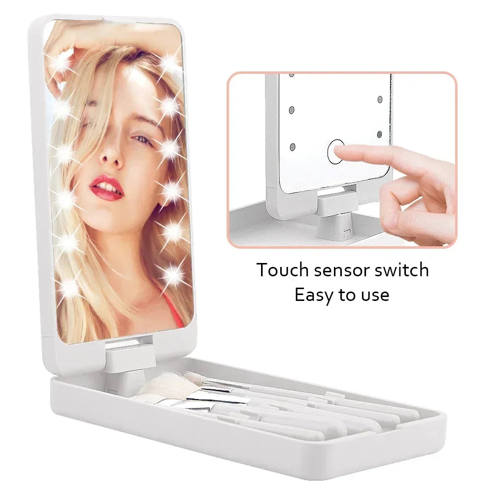 Lighted Makeup Mirror Rotatable Personal Beauty Mirror with 5 Makeup Brushes Travel Make up Accessories Multifunctional Light Up