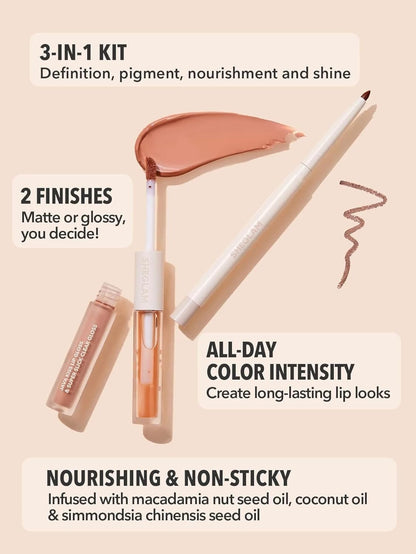 Soft 90'S Glam 3-In-1 Lip Liner Moisturizing Plant Extracts Long Lasting Liquid Lipstick Plumping Lip Gloss Makeup Set - Pouty Nude