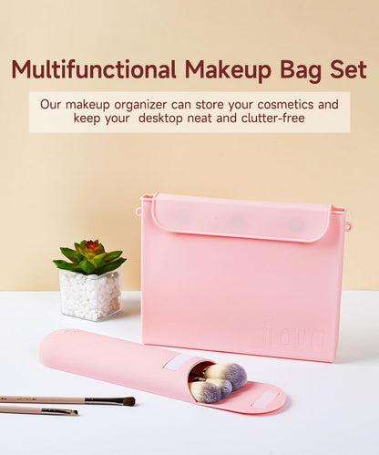 Silicone Makeup Bag & Travel Makeup Brush Holder & Makeup Sponge Holder, Travel Silicone Makeup Bag Set, Toiletry Bag for Storing Makeup Brushes and Makeup Tools (Pink)