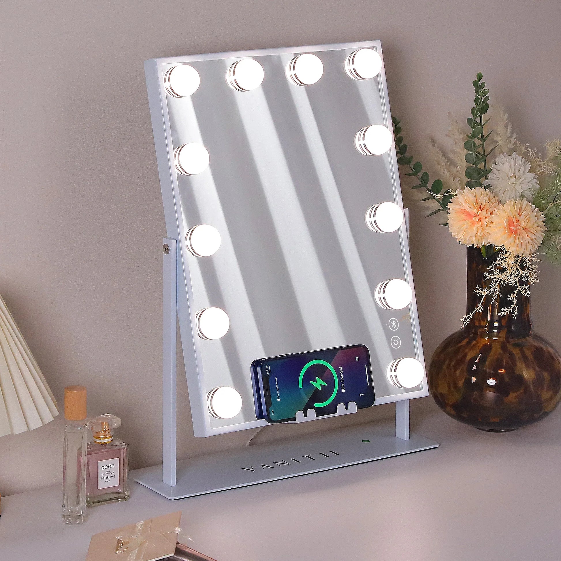 Illuminate Your Beauty: FENCHILIN White Hollywood Vanity Mirror with Dimmable Lights, Bluetooth Speaker, and Wireless Charger