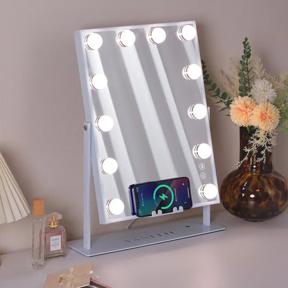 Illuminate Your Beauty: FENCHILIN White Hollywood Vanity Mirror with Dimmable Lights, Bluetooth Speaker, and Wireless Charger