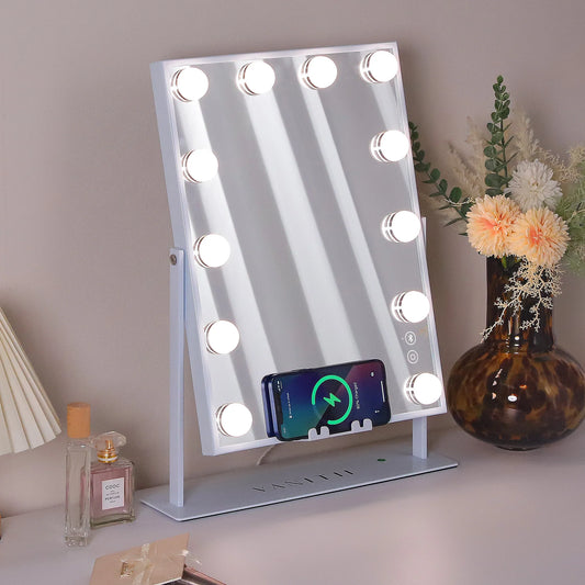 Illuminate Your Beauty: FENCHILIN White Hollywood Vanity Mirror with Dimmable Lights, Bluetooth Speaker, and Wireless Charger