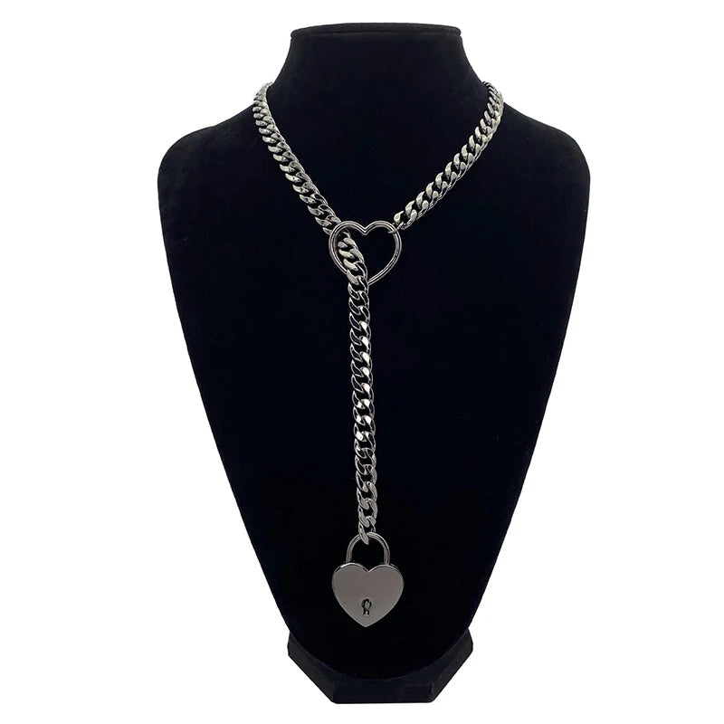 Fashion Womens Slip Chain Necklace Heart O-Ring Rock Cuban Long Necklace Adjustable Heart Shaped Lock Core with Key 2024 New
