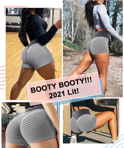 Women Tiktok Booty Shorts Butt Lifting High Waist Tummy Control Workout Running Gym Textured Ruched Shorts Gray