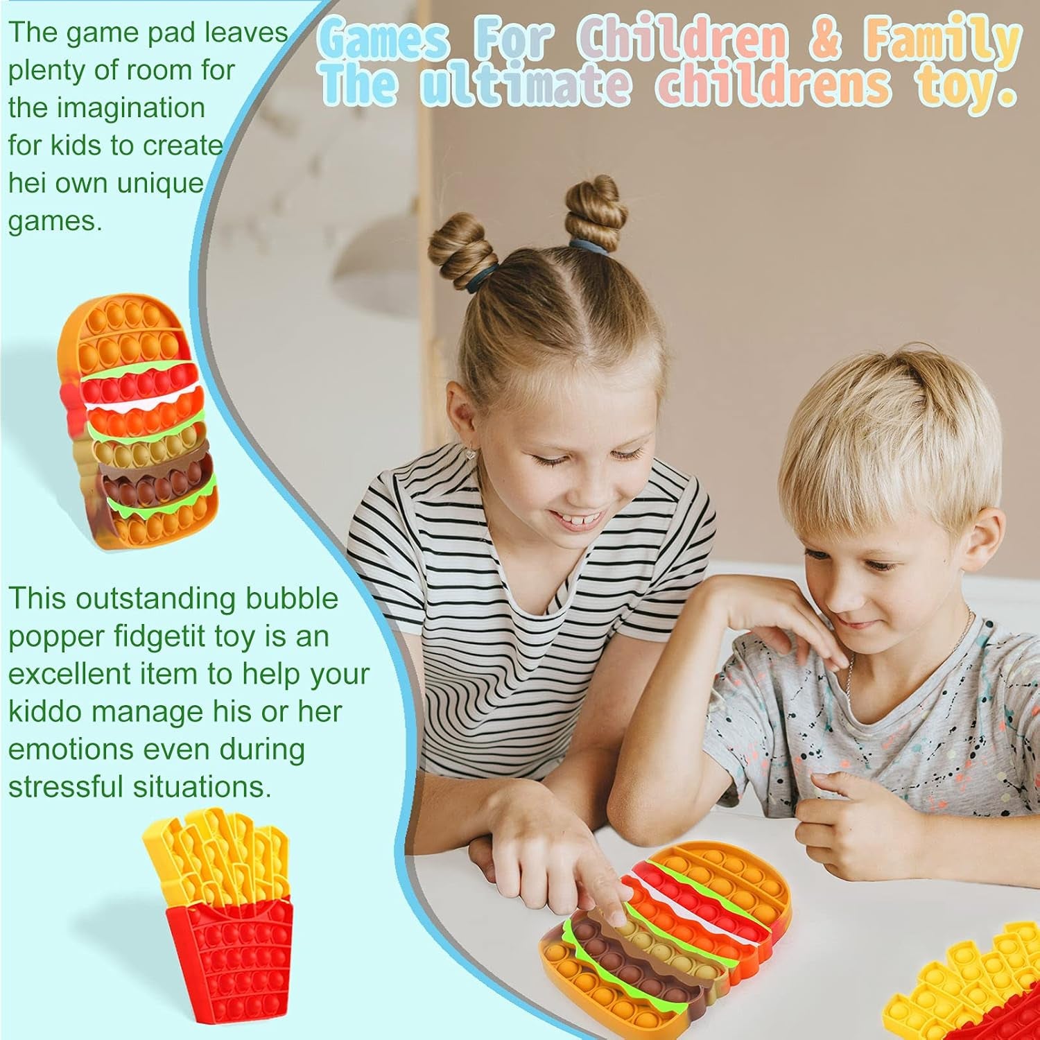 2PCS Push Bubble Pop Fidget Sensory Toy, Autism Special Needs Silicone Stress Reliever Toy, Anti-Anxiety Squeeze Sensory Toy for Kids Teens Adults Girls Boys (Fries&Burger)