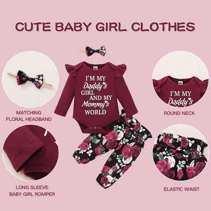 Adorable 3-Piece Floral Ruffle Sleeve Outfit Set for Baby Girls - Perfect Fall/Winter Gift (0-4T)