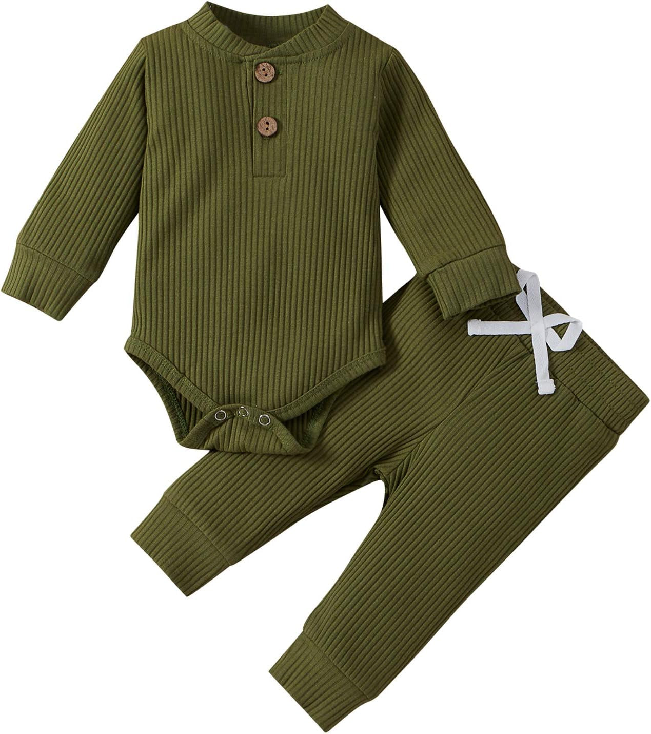 Cozy & Stylish Winter Newborn Unisex Outfit Set - Ribbed Long Sleeve Top & Pants 2PCS