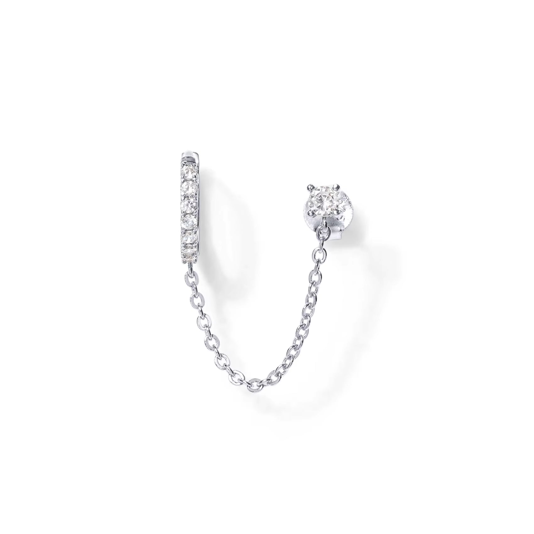 14K Gold Chain Earrings- Double Piercing Dangle Chain- Stud 