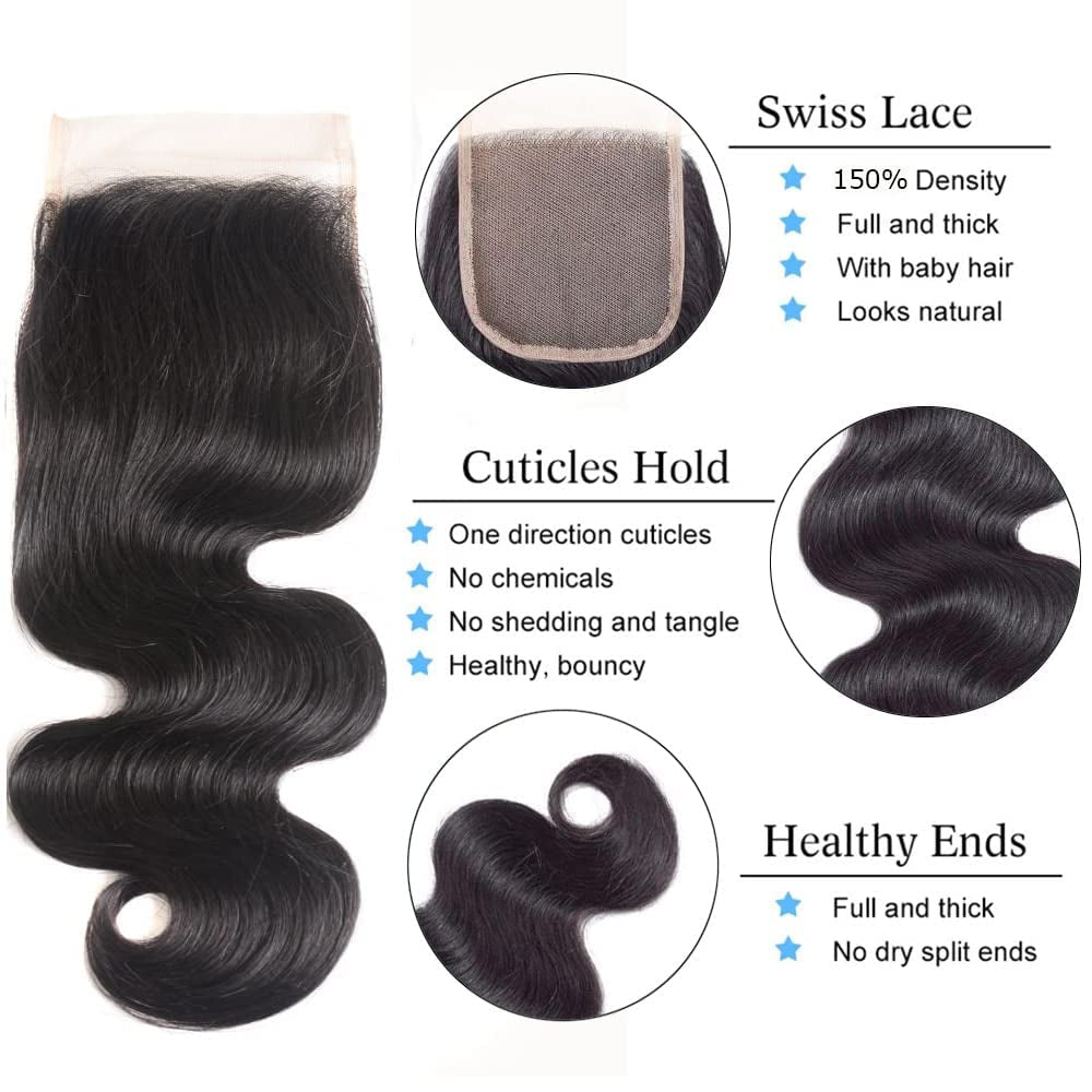Luxury Body Wave Bundles with Closure - 12A Unprocessed Brazilian Virgin Hair (16", 18", 20" + 14" Free Part Lace Closure) - 150% Density