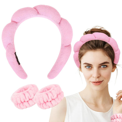 Pink Skincare Headband and Wristband Set for Washing Face, Makeup, Spa - Bubble Puffy Terry Cloth Soft Sponge Clouds Hair Accessories for Women