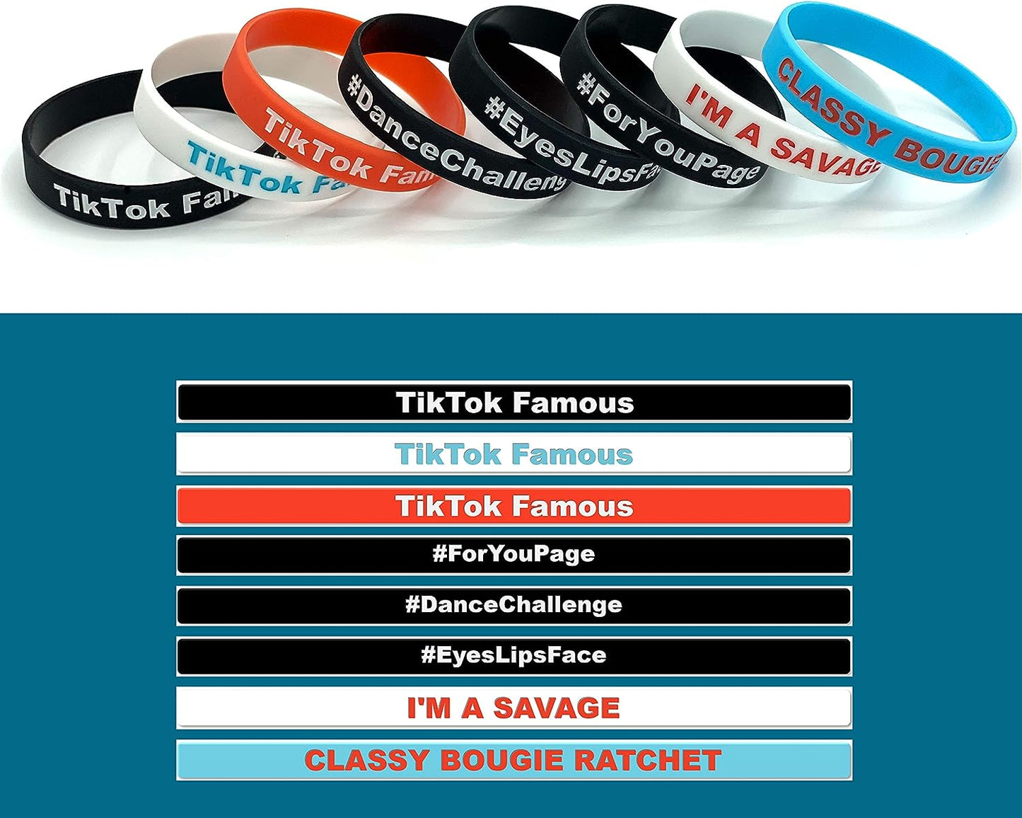 TIK Tok Themed Silicone Wristband 8Pc Bundle Party Decorations for Girls and Boys I'M a Savage, Classy Bougie Ratchet, TIK Tok Famous, for You Page, Dance Challenge
