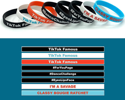 TIK Tok Themed Silicone Wristband 8Pc Bundle Party Decorations for Girls and Boys I'M a Savage, Classy Bougie Ratchet, TIK Tok Famous, for You Page, Dance Challenge