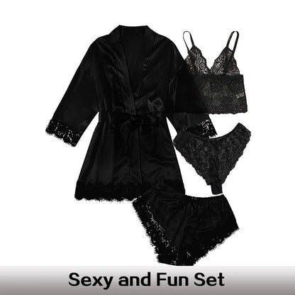 Summer 4 Piece Set of Women'S Lace Underwear Paired with Pajama Waistband Outer Robesexy Pajama Lace Patchwork Home Pajama Set
