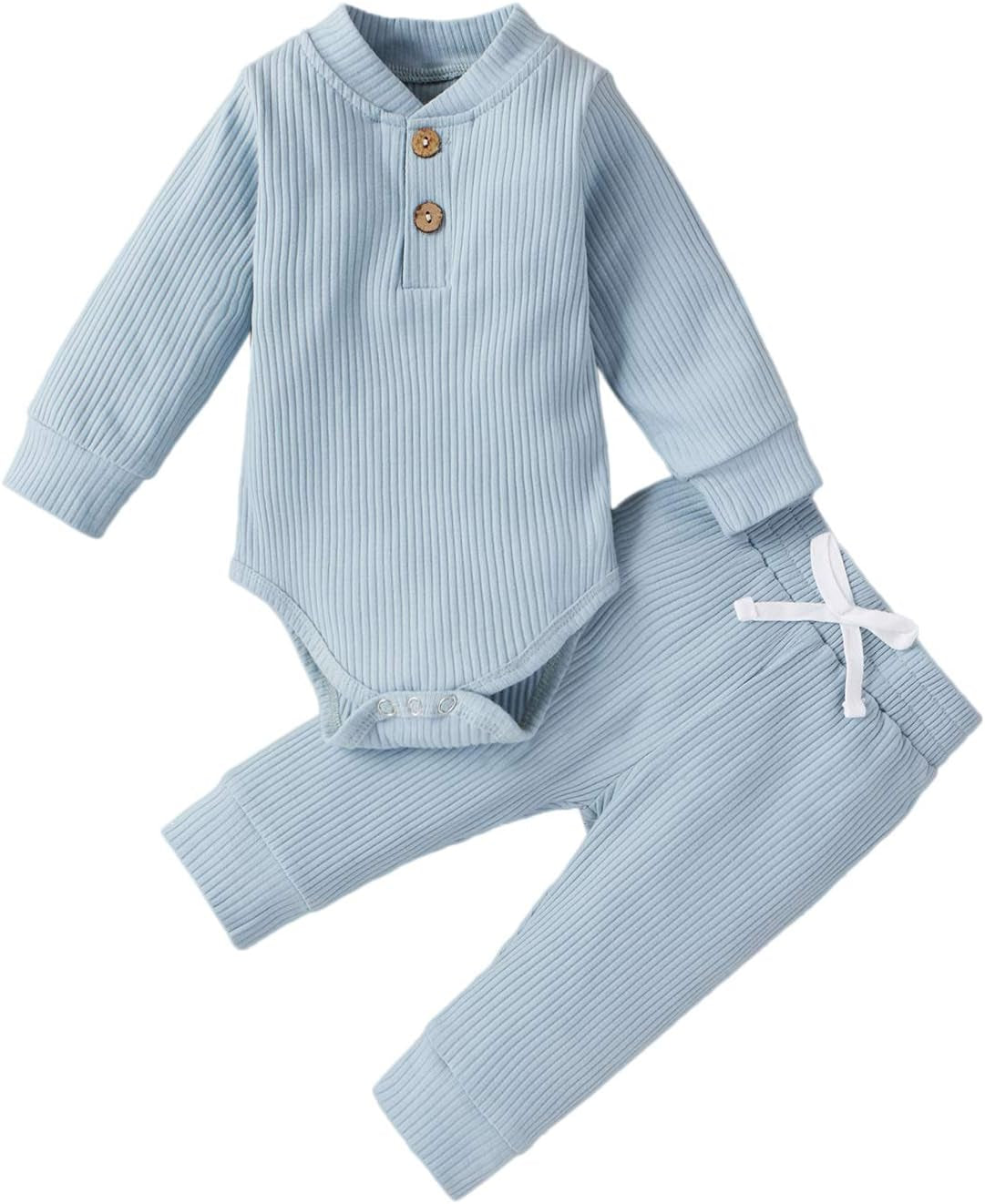 Cozy & Stylish Winter Newborn Unisex Outfit Set - Ribbed Long Sleeve Top & Pants 2PCS