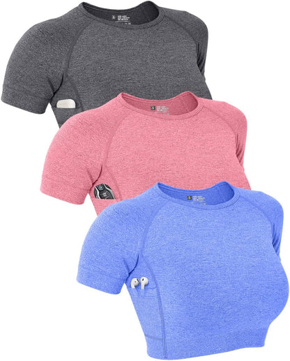 Women'S 3 Piece Yoga Crop Tank Top Fitness Running Cami Workout Shirts with Pockets Grey Red Blue