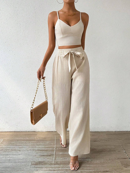 Rosydaze Women'S Push-Up Bra Cup Strap Top with Bowknot, Elastic Straight Pants, Holiday 2Pcs Set