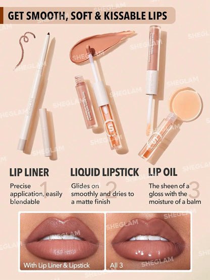 Soft 90'S Glam 3-In-1 Lip Liner Moisturizing Plant Extracts Long Lasting Liquid Lipstick Plumping Lip Gloss Makeup Set - Pouty Nude