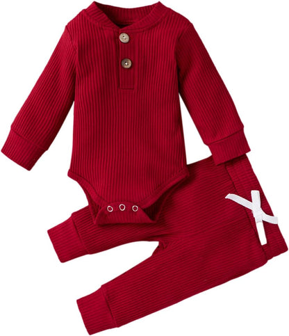 Cozy & Stylish Winter Newborn Unisex Outfit Set - Ribbed Long Sleeve Top & Pants 2PCS
