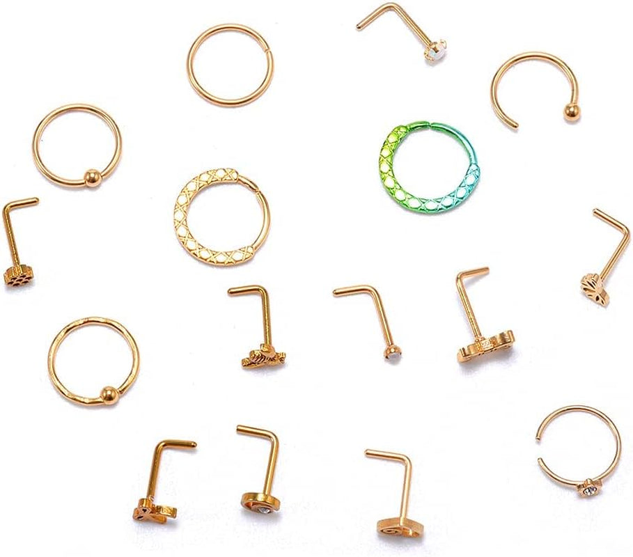 16 PCS Nose Rings and Studs for Women and Men - 316L Stainless Steel Piercings Jewelry Upgrade Screw