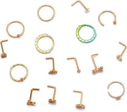 16 PCS Nose Rings and Studs for Women and Men - 316L Stainless Steel Piercings Jewelry Upgrade Screw