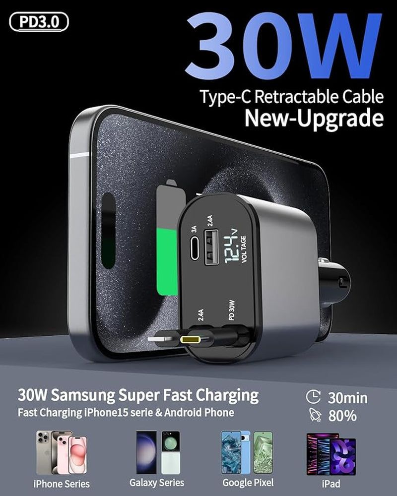 TIKTOK SHOP Retractable Car Charger, 4 in 1 Fast Car Phone Charger 66W, Retractable Cables and USB Car Charger, Compatible with iPhone 15/14/13/12/11,Galaxy,Pixel