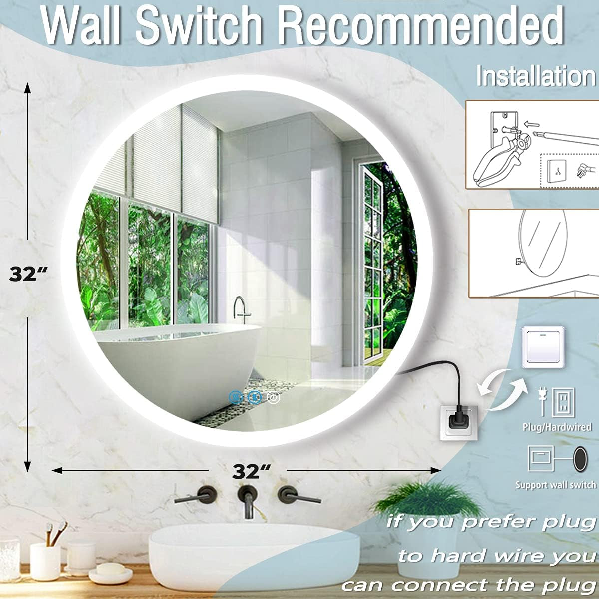 32" Dimmable Backlit LED Bathroom Mirror with Anti-Fog and Aluminum Frame - 3 Color Settings