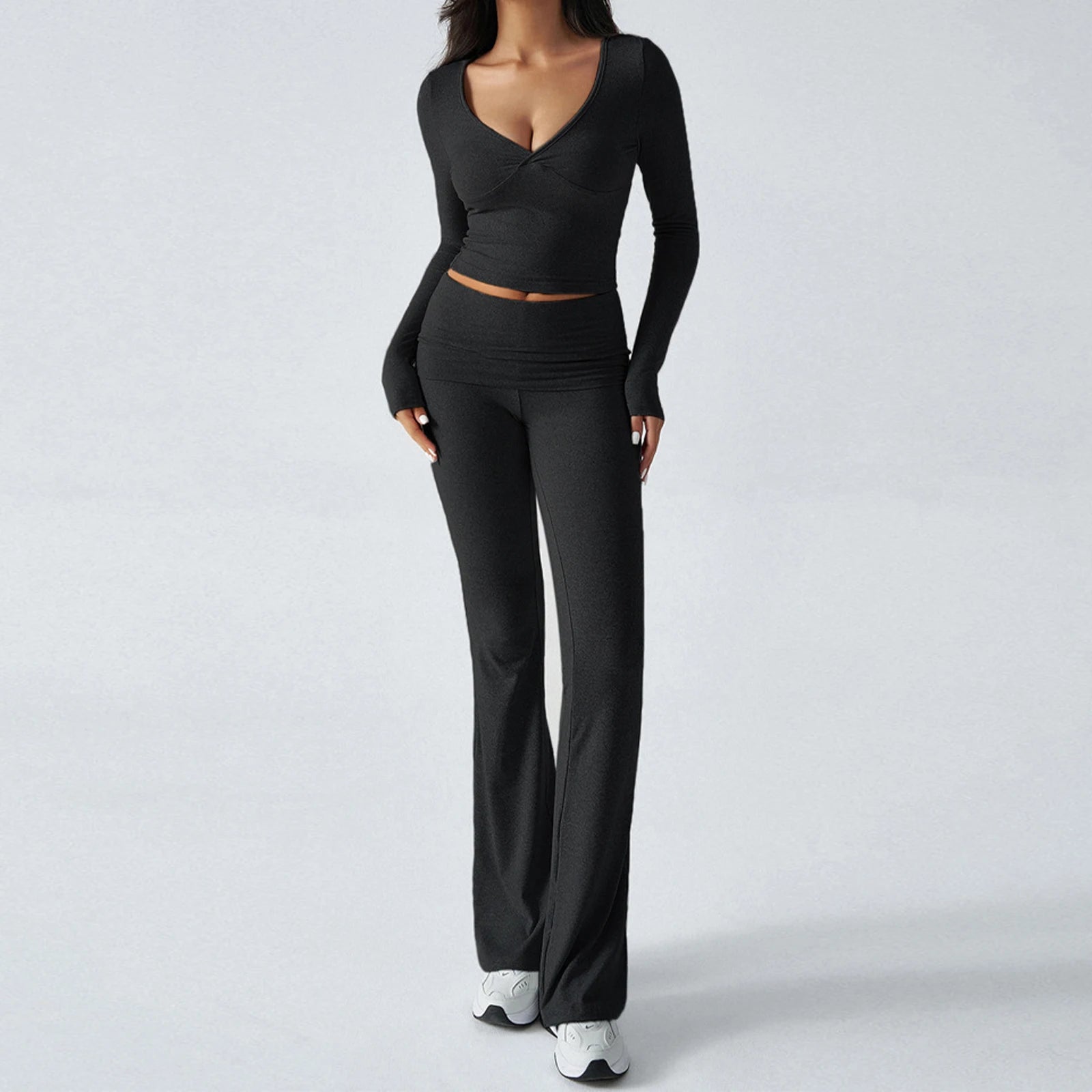 Women 2Pcs Exercise Gym Sets Activewear Knit V-Neck Tracksuit Crop Long Sleeves Tops Elastic Flared Pants Fitness Workout Sets