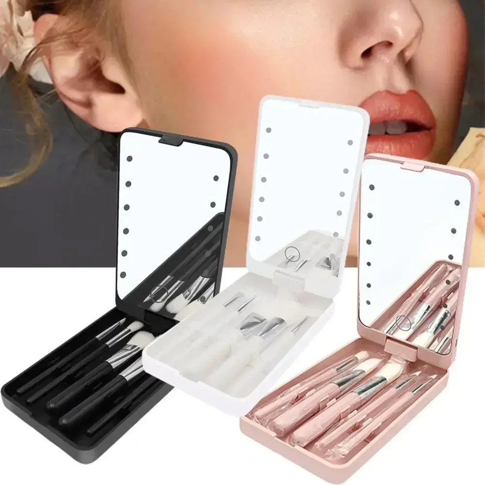 Lighted Makeup Mirror Rotatable Personal Beauty Mirror with 5 Makeup Brushes Travel Make up Accessories Multifunctional Light Up