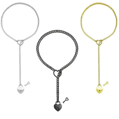 Heart Chain Necklace with Key & Heart Lock Pendant - Adjustable Gold, Silver, or Black Design