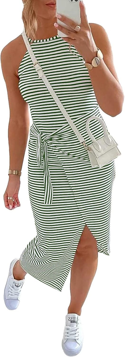 Women Casual Sleeveless Striped Tank Midi Dresses Halter Neck Ruched Bodycon Dresses Tie Waist T Shirt Summer Dress