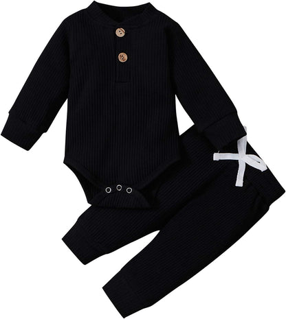 Cozy & Stylish Winter Newborn Unisex Outfit Set - Ribbed Long Sleeve Top & Pants 2PCS