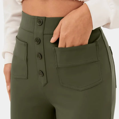 Fashion New Women'S Straight-Leg Casual Pants High-Waisted Buttoned Elastic Pockets Multiple Pockets Solid Pants