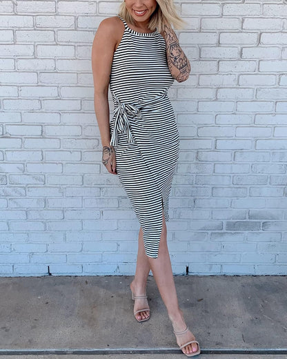 Women Casual Sleeveless Striped Tank Midi Dresses Halter Neck Ruched Bodycon Dresses Tie Waist T Shirt Summer Dress