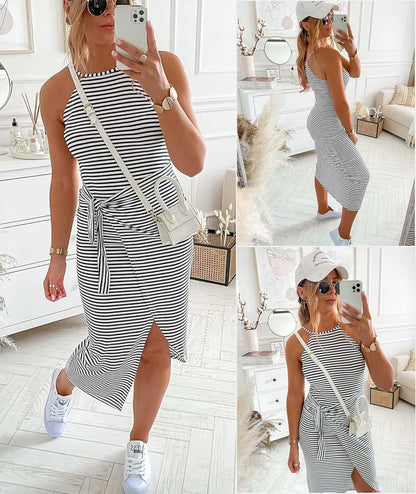 Women Casual Sleeveless Striped Tank Midi Dresses Halter Neck Ruched Bodycon Dresses Tie Waist T Shirt Summer Dress