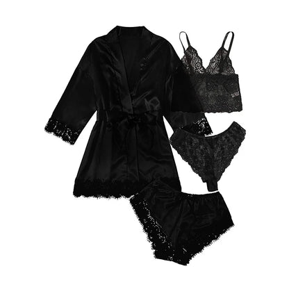 Summer 4 Piece Set of Women'S Lace Underwear Paired with Pajama Waistband Outer Robesexy Pajama Lace Patchwork Home Pajama Set