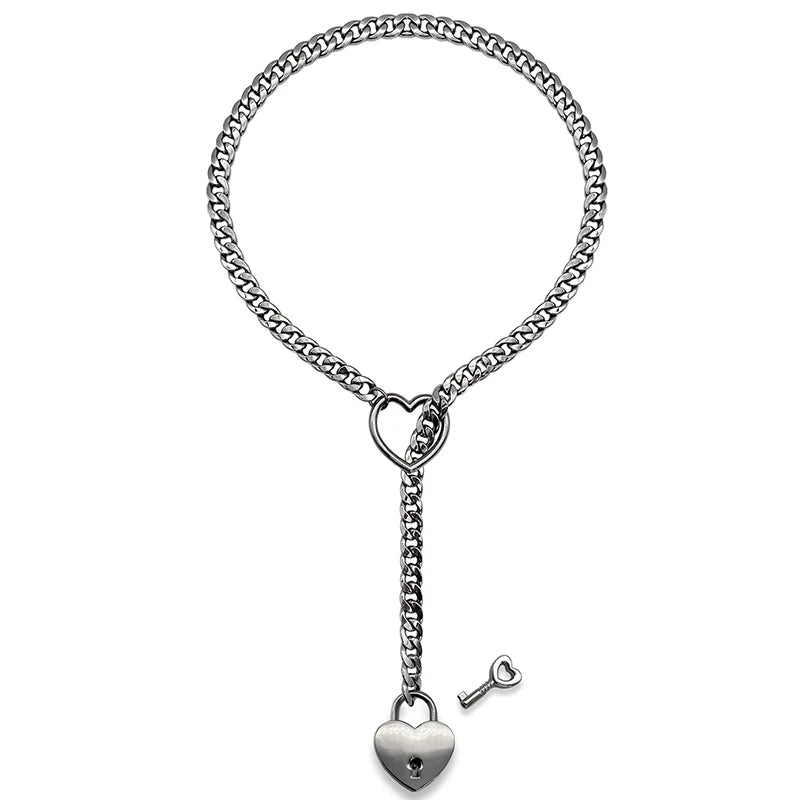 Fashion Womens Slip Chain Necklace Heart O-Ring Rock Cuban Long Necklace Adjustable Heart Shaped Lock Core with Key 2024 New