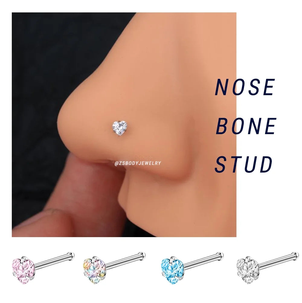 6Pcs/Set 20G Heart Nose Piercing Nose Bone Stud CZ Nostril Piercing