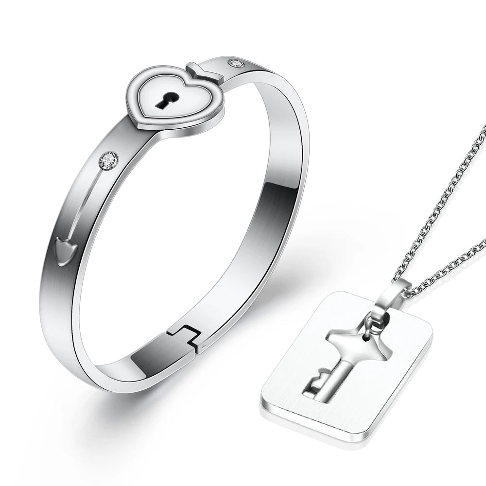 Stainless Steel Love Heart Jewelry Set - Elegant Lock & Key Pendant Necklace and Bracelet Combination