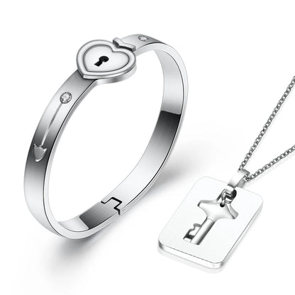 Stainless Steel Love Heart Jewelry Set - Elegant Lock & Key Pendant Necklace and Bracelet Combination
