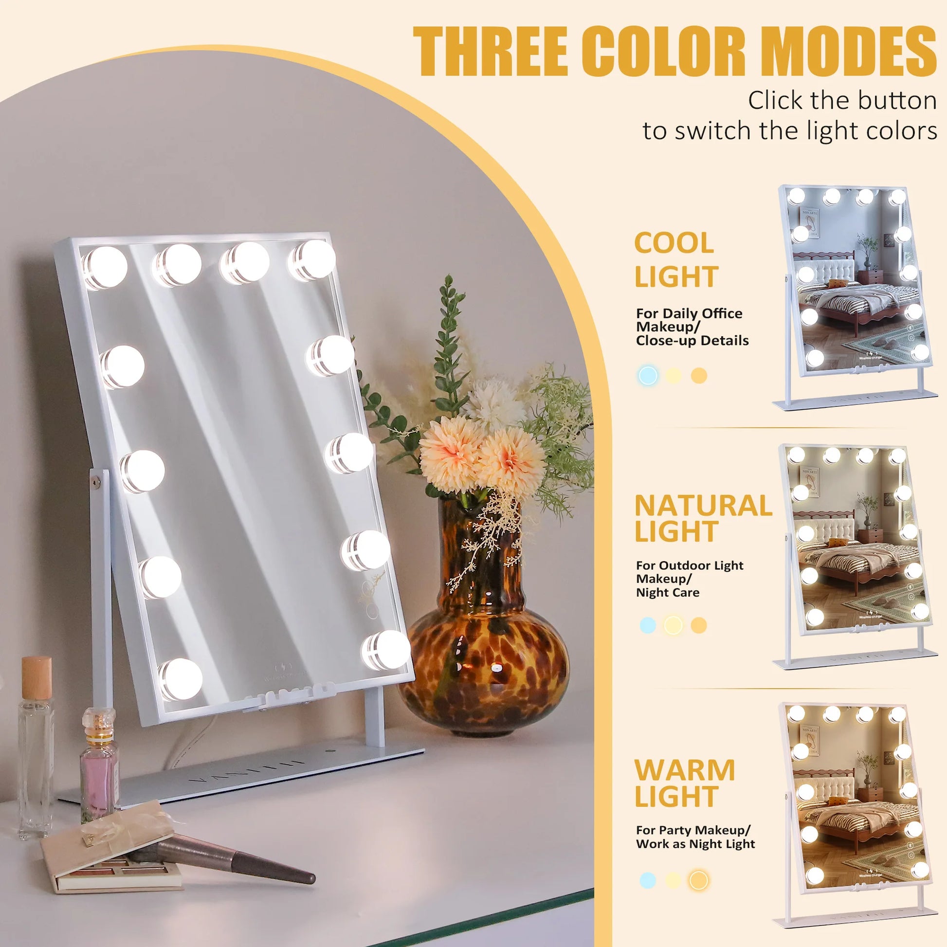 Illuminate Your Beauty: FENCHILIN White Hollywood Vanity Mirror with Dimmable Lights, Bluetooth Speaker, and Wireless Charger