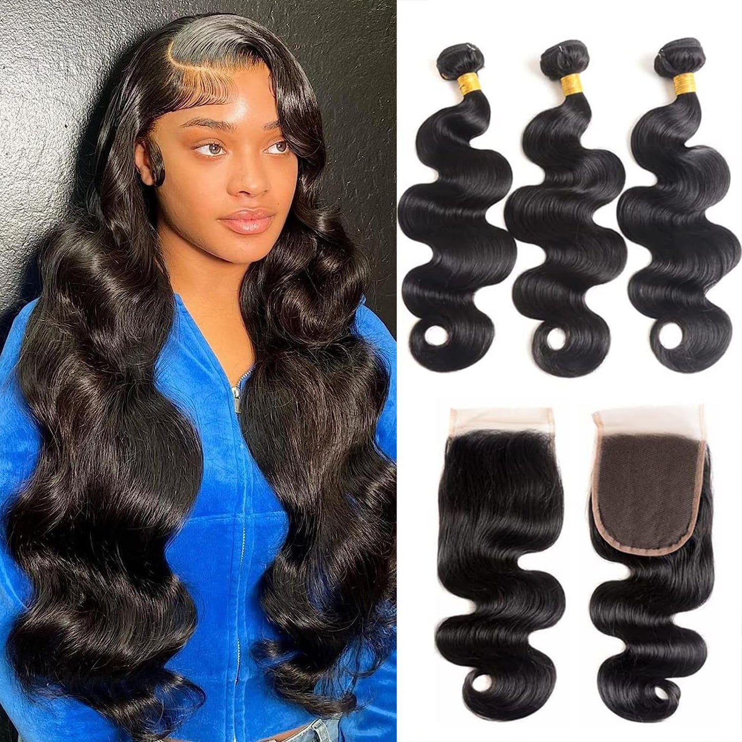 Luxury Body Wave Bundles with Closure - 12A Unprocessed Brazilian Virgin Hair (16", 18", 20" + 14" Free Part Lace Closure) - 150% Density