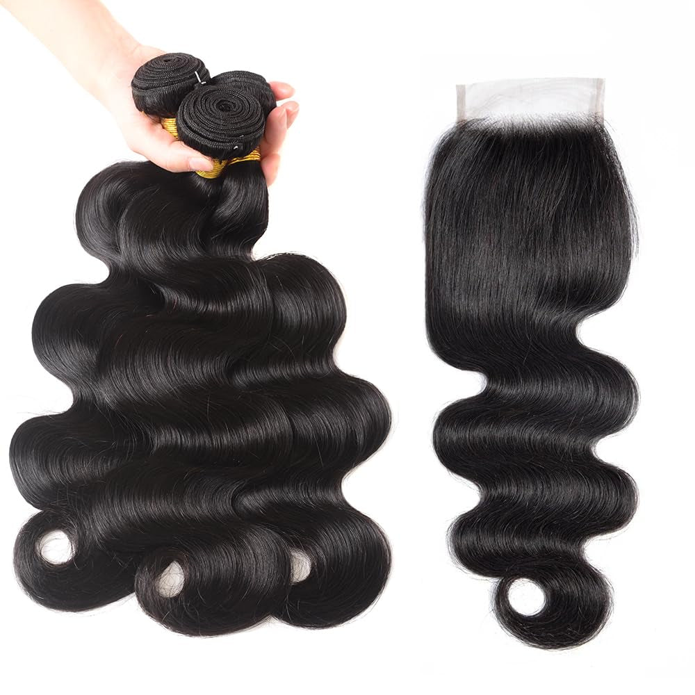 Luxury Body Wave Bundles with Closure - 12A Unprocessed Brazilian Virgin Hair (16", 18", 20" + 14" Free Part Lace Closure) - 150% Density