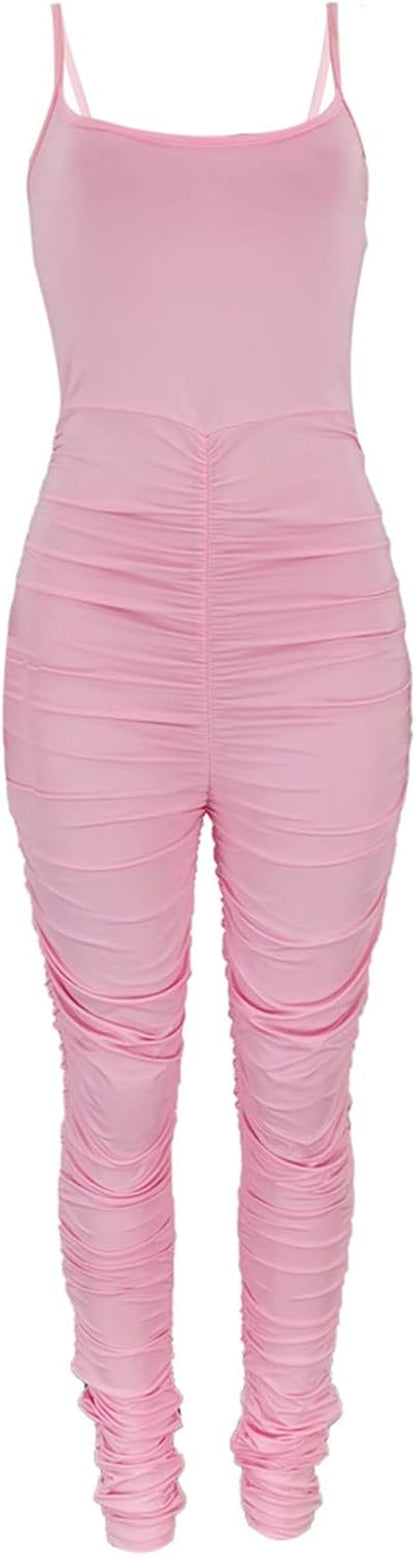 Women'S Sexy Spaghetti Strap Ruched Tank Bodycon Jumpsuits High Waist Bandage Rompers Long Pants Pink Small