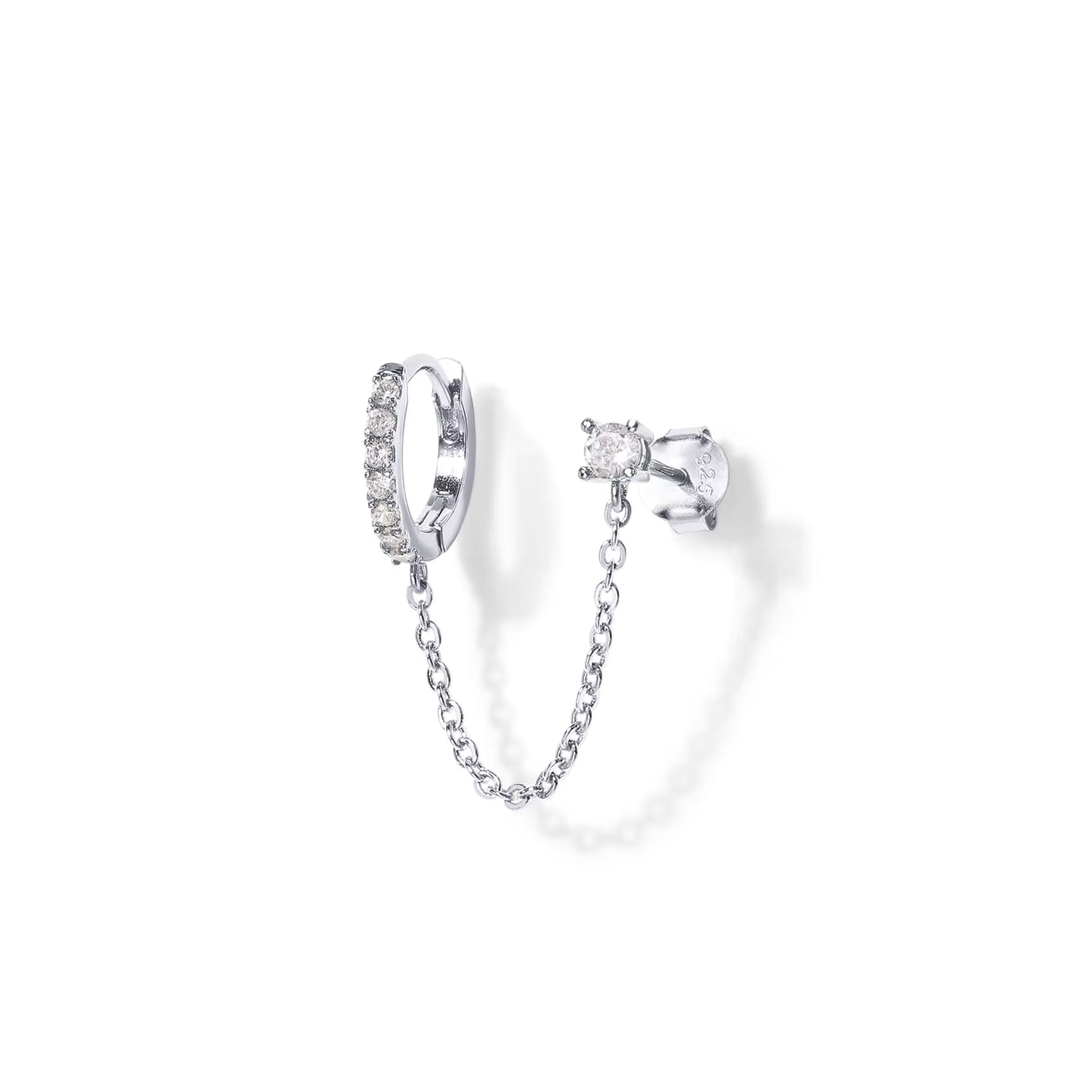 14K Gold Chain Earrings- Double Piercing Dangle Chain- Stud 